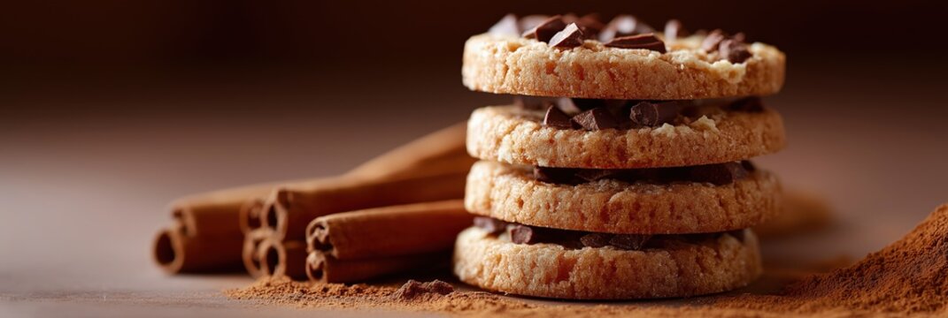 Delicious chocolate chip cookies with cinnamon sticks on brown background