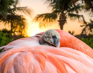 Close-up of flamingo chick nestled in plumage