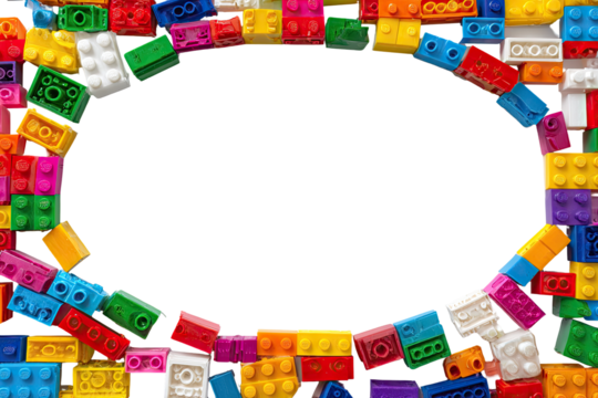 Colorful plastic building blocks arranged in an oval frame around a black background