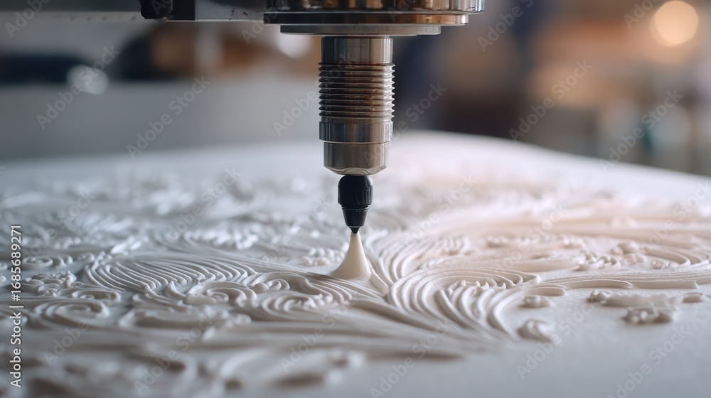 Poster footage capturing a cake decorating machine intricately adding decorative patterns with a finetipped