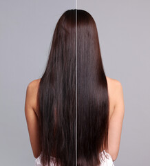 Hair lamination, before and after. Photo of woman on grey background, divided for comparison of...