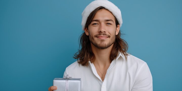 Young caucasian male with long hair holding silver gift in blue background holiday scene