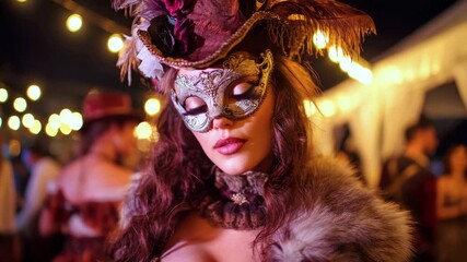 Mysterious woman in mask and Victorian gothic dress posing at night carnival. Halloween celebration concept, theme party outdoors