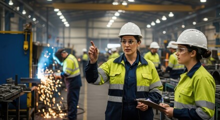 Female engineers overseeing industrial manufacturing process in factory setting