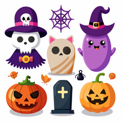 Fototapeta premium Cute halloween characters and symbols including ghosts pumpkins spider web and tombstone