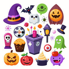 Collection of spooky and cute halloween icons and characters