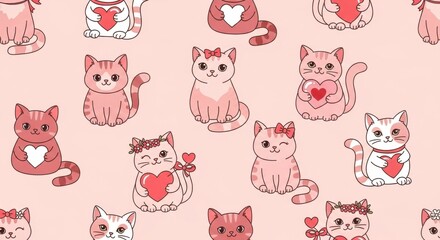 Seamless Pattern of Adorable Cats Holding Hearts for Festive Celebrations