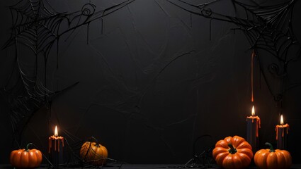 Halloween birthday celebration setup with candles and pumpkins spooky atmosphere dark background