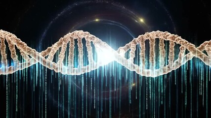 Abstract video background with DNA double helix and binary code stream motion graphic, symbolizing - Powered by Adobe