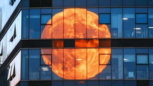Red Moon Stunning solar eclipse reflection illuminates modern glass building facade creating a mesmerizing, vibrant celestial spectacle for impactful advertising and design projects.