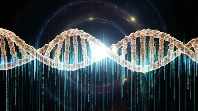 Abstract video background with DNA double helix and binary code stream motion graphic, symbolizing