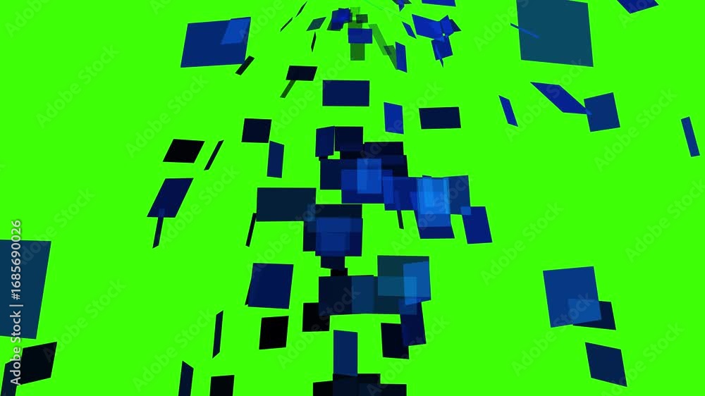 Poster abstract blue squares floating on green screen background animation.