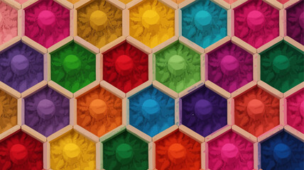 Vibrant hexagonal grid filled with colorful powders, creating a cheerful and artistic pattern.