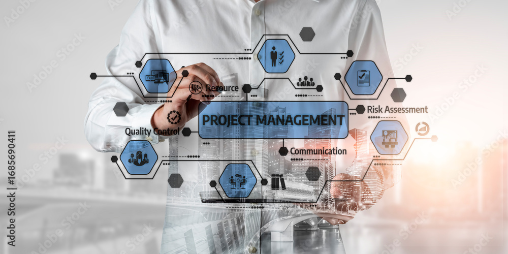 Poster a professional concept illustrating project management with digital technology interface, enhancing 