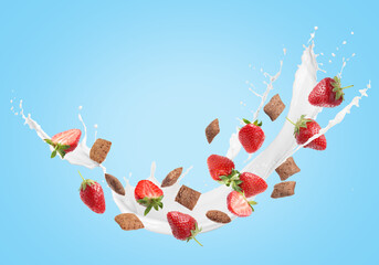 Splashing milk with sweet corn pads and fresh strawberries in air against light blue background. Healthy breakfast