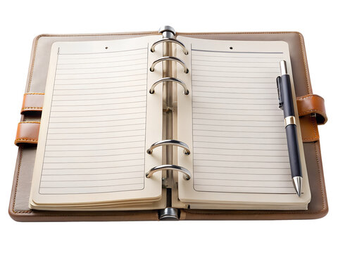 Open leatherbound planner with a pen on a transparent background