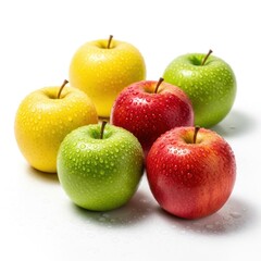 Colorful and refreshing apple assortment covered with water droplets isolation