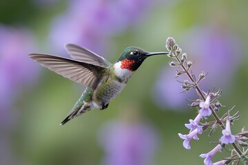 Fototapeta premium Hummingbird feeding on a purple flower in a garden
