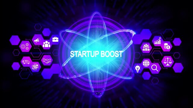 Startup Boost Abstract Digital Atom Network Technology Innovation Business Growth Success Icons Hexagon Pattern Futuristic Neon Glow