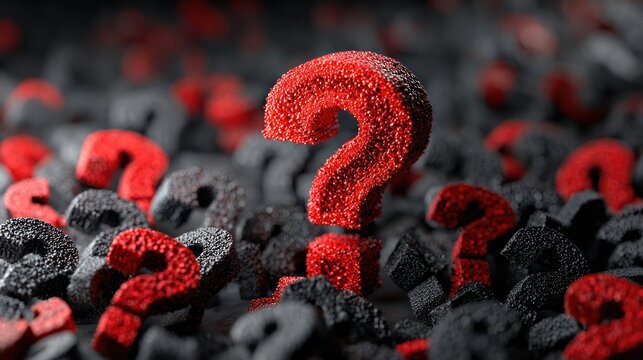 A cluster of red and grey textured question marks, focus on a central red symbol