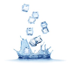 Ice cubes falling into water on white background