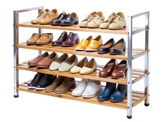 Wooden shoe rack with various types of footwear on transparent background
