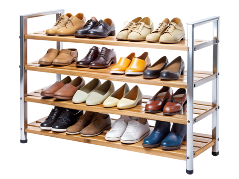 Wooden shoe rack with various types of footwear on transparent background