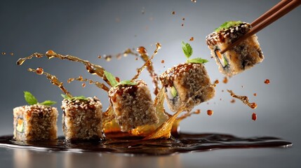 Sushi row splashing with sauce, being held by chopsticks in dynamic scene