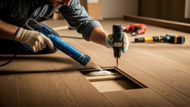 footage of a contractor applying adhesive and fastening screws beneath a hardwood floor to eliminate creaking sounds.