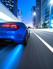 Blue sports car speeding through city at night