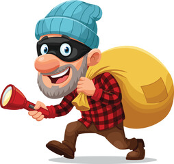 Cartoon Burglar Character with Beard, Flashlight, Yellow Sack, Funny Thief Illustration, Vector Art for Kids Crime Awareness Content