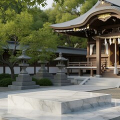 Fototapeta premium Marble Display Platform in Japanese Temple Garden with Green Foliage and Peaceful Atmosphere