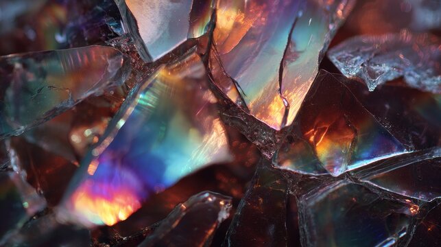 Close-up of colorful cracked glass shards with iridescent reflections.