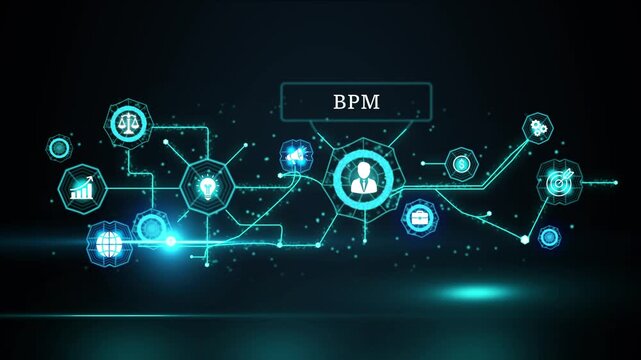 Business Process Management B P M Network Diagram with Icons for Strategy Growth Ideas Finance Human Resources Marketing and Goals on Dark Digital Background