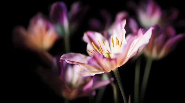 Close up of blooming tulip on dark background. Colorful flower with long stem. Floral beauty for a greeting card design footage.