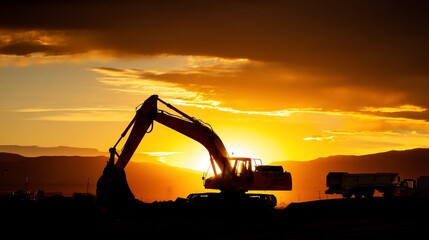 Construction Excavator Silhouette During Sunset with Bright Orange Sky and Dark Landscape