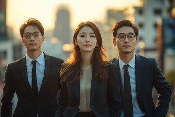 Asian IT company workers, black white dress code, teamwork concept, blurred city on the background