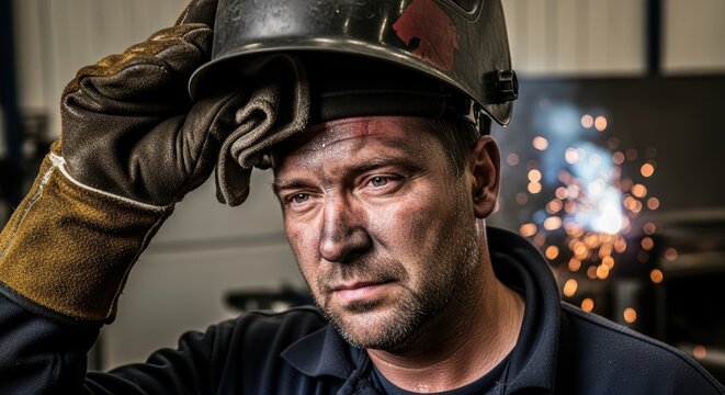 Caucasian male industrial worker adjusting helmet in welding workshop with sparks