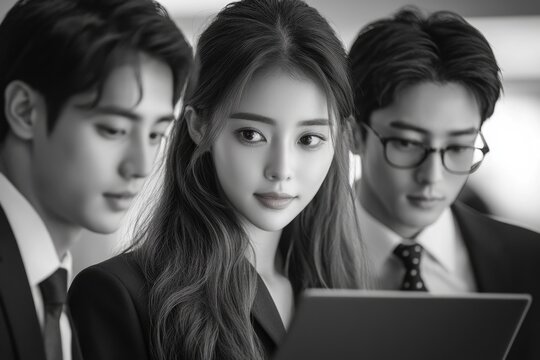 Asian IT company workers with a laptop, teamwork concept. Black and white photography - Powered by Adobe