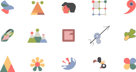 Collection of abstract geometric icons and symbols with a playful, minimalist aesthetic