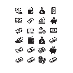 Collection Of Black Icons Representing Money And Finance