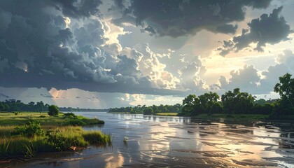 Riverbanks overflowing with monsoon waters under dark clouds,