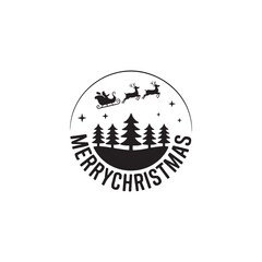 Minimalist Merry Christmas Badge with Santa Sleigh and Pine Trees