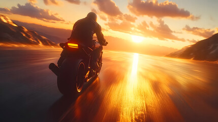 Fototapeta premium Motorcycle Rider on a Wet Road at Golden Hour Sunset