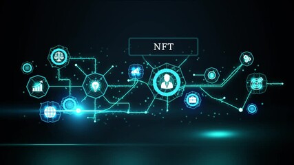 Futuristic N F T network connections digital abstract background with glowing icons representing business finance technology and global connectivity - Powered by Adobe