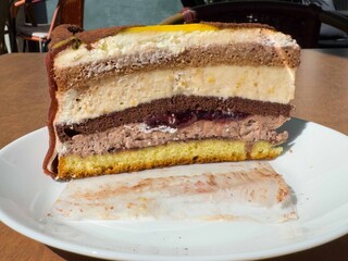 Delicious layered cake with chocolate and cream on white plate in cafe setting