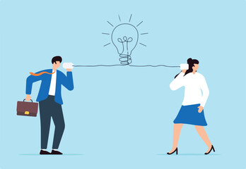 Two business people talk using tin can phone with light bulb line symbol