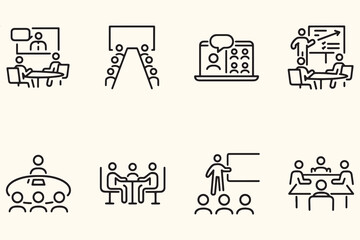 Minimalist Meeting & Presentation Line Icons – Editable Stroke  Business, Interview, Training, Collaboration, Virtual Conference & Teamwork Symbols for Apps, Infographics & Commercial Use

