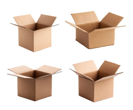 Four open cardboard boxes arranged in a grid.  Each box is square, light brownish-tan in color, and has flaps folded outward