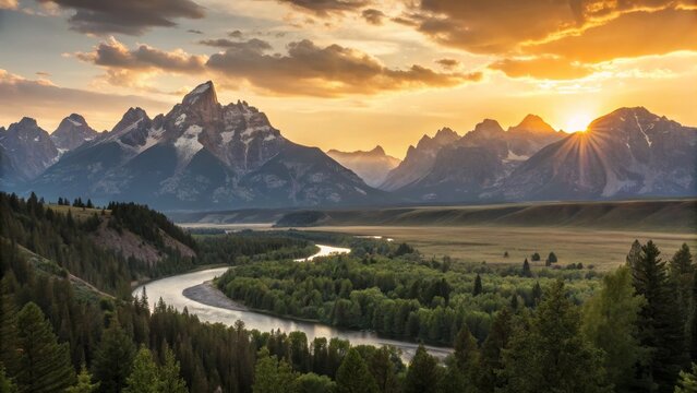 Golden Hour Sunset over Grand Teton Mountains River Valley Landscape Photography, Grand Teton National Park, Wyoming, USA. Grand Teton, Landscape Photography